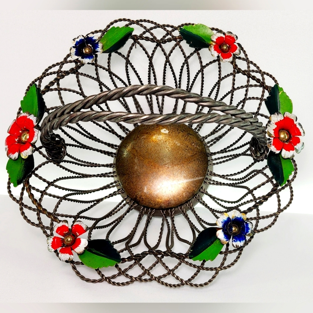 Vintage metal wire basket with handpainted flowers & leaves